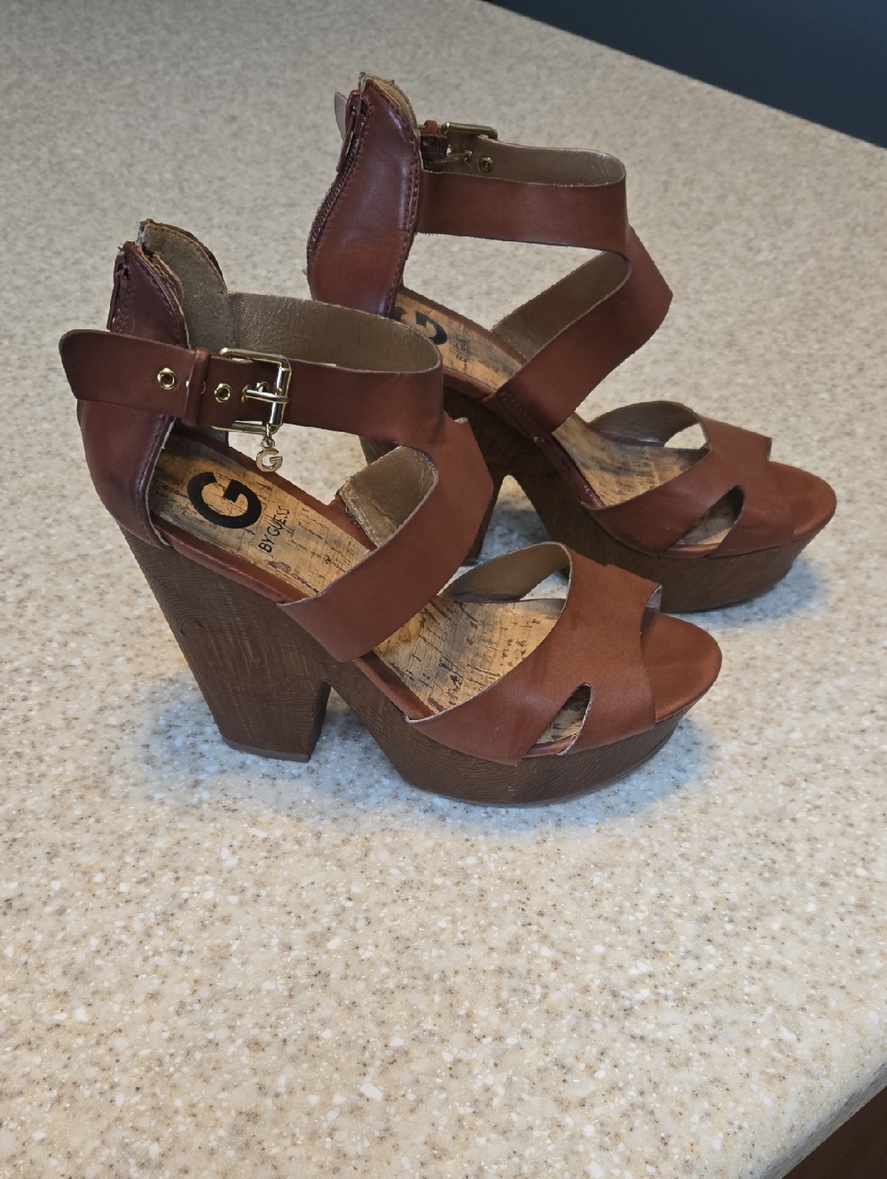 G by Guess Chestnut Brown Platform Heel Sandals